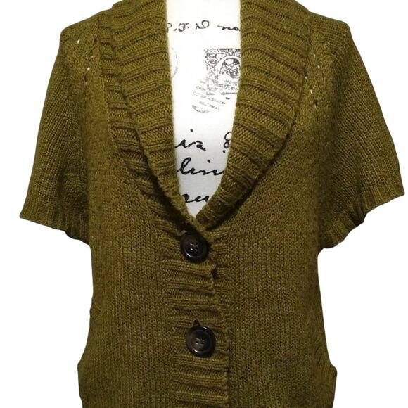 Old Navy Short Sleeve Cardigan Sweater Vest Olive Wool Sz Small Preppy Academia - Picture 1 of 12